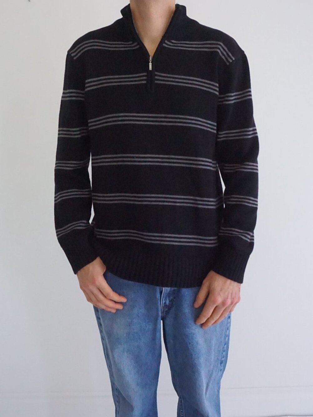 Denver Hayes Black Grey Horizontal Stripes Quarter Zip Long Sleeve Sweater Large